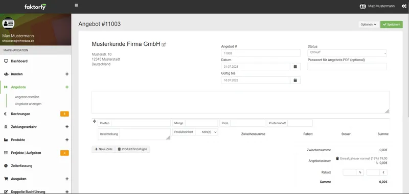 Angebotsformular in faktorly mit Kunde, Status, Positionen und Preisen
