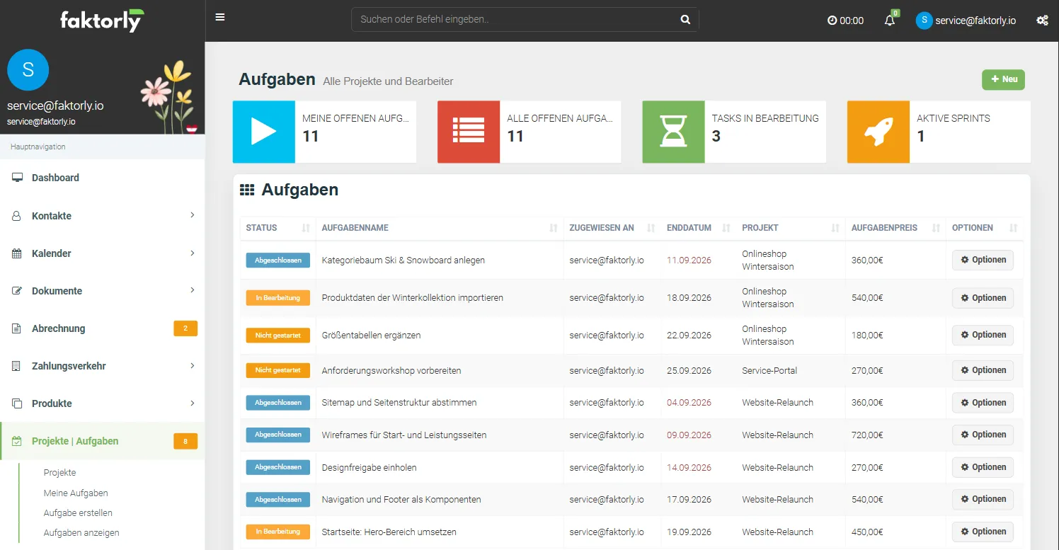 Aufgabenliste mit Status, Enddatum, Projekt und Aufgabenpreis