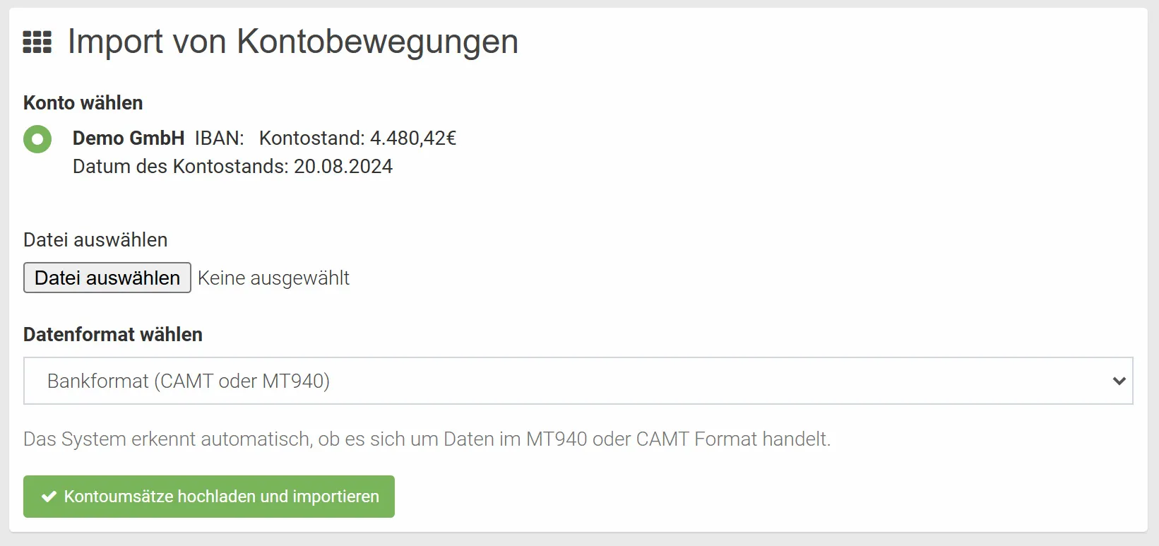 Upload-Formular für Kontobewegungen im camt- oder MT940-Format