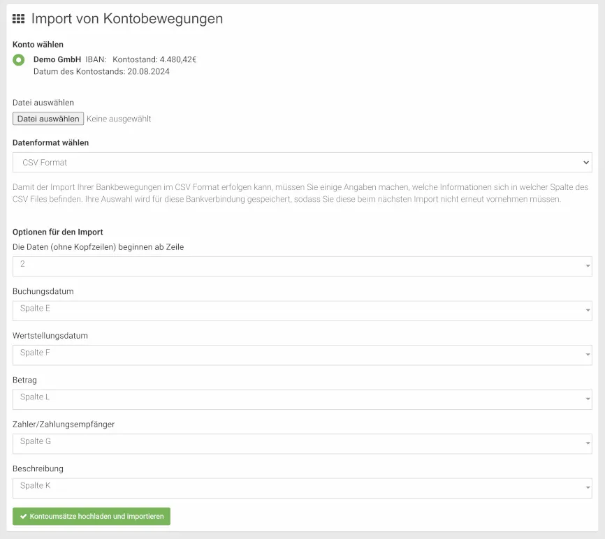 Auswahl des Datenformats CSV beim Import von Kontoumsätzen