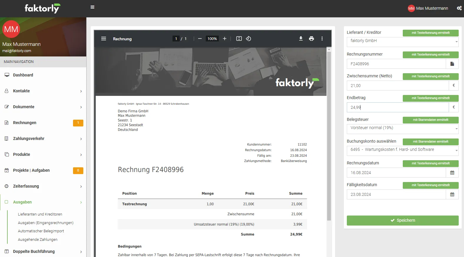 faktorly E-Rechnung Software zeigt ZUGFeRD Rechnung