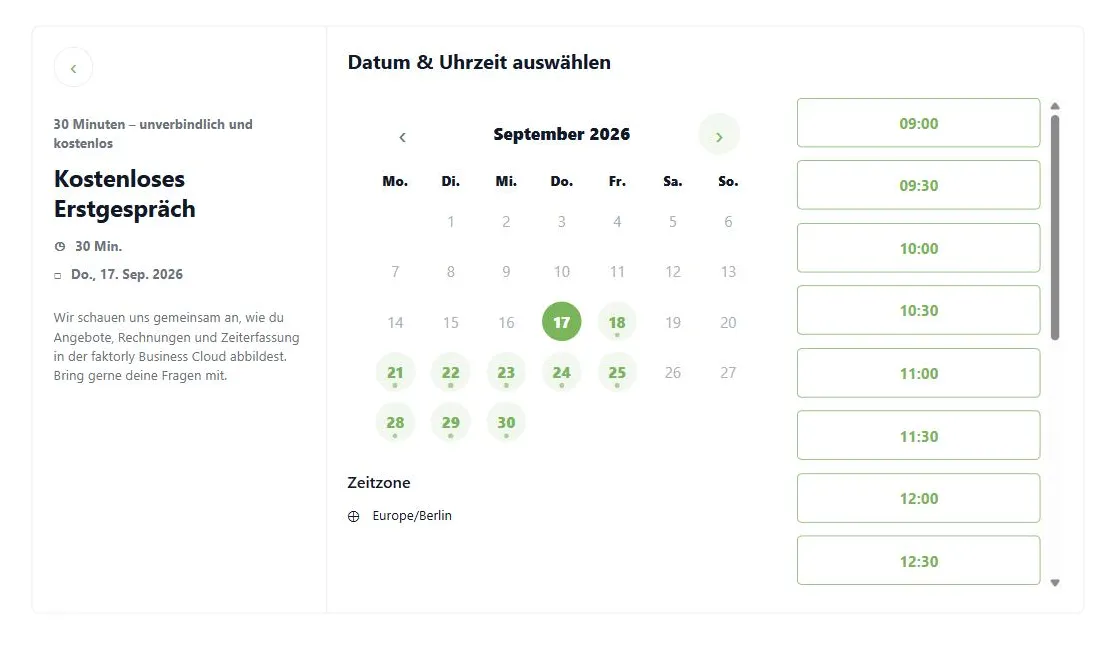 Öffentliche Buchungsseite der faktorly Business Cloud mit Kalender, freien Zeiten und Zeitzone