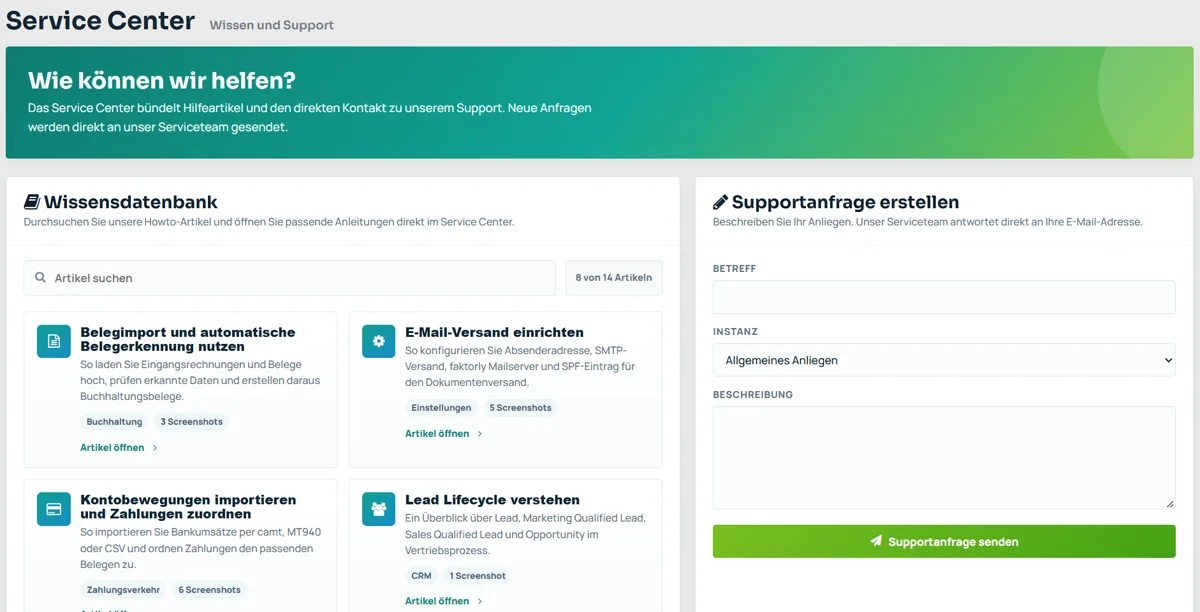 Service Center in der faktorly Cloud Console mit Wissensdatenbank, Artikelsuche und Formular für eine Supportanfrage