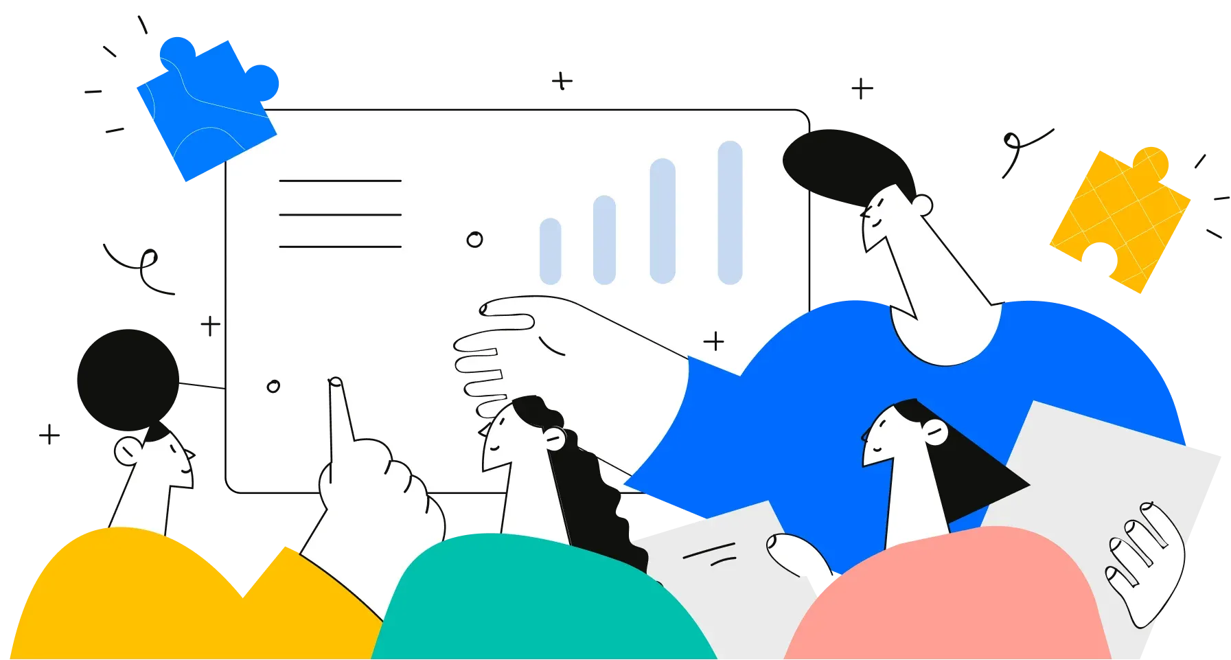 Illustration eines Teams, das gemeinsam eine Newsletter-Auswertung betrachtet