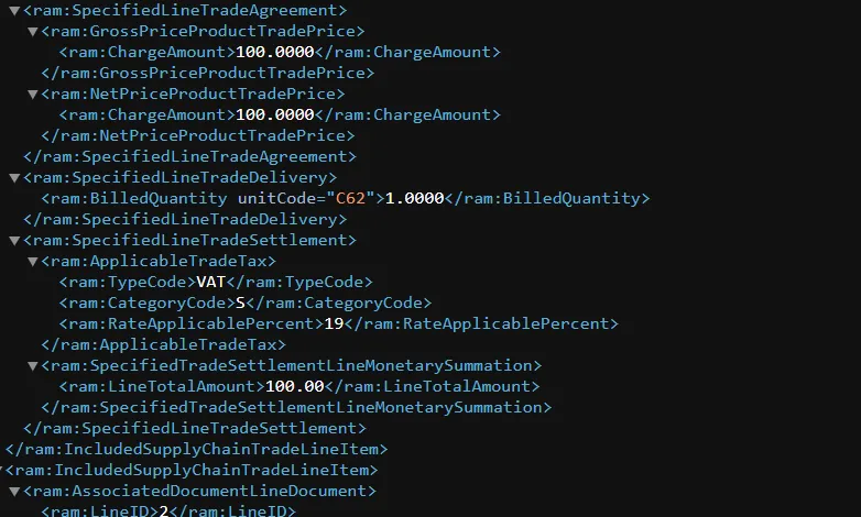 XML-Struktur einer E-Rechnung mit Rechnungsposition, Netto- und Bruttopreis sowie Umsatzsteuersatz