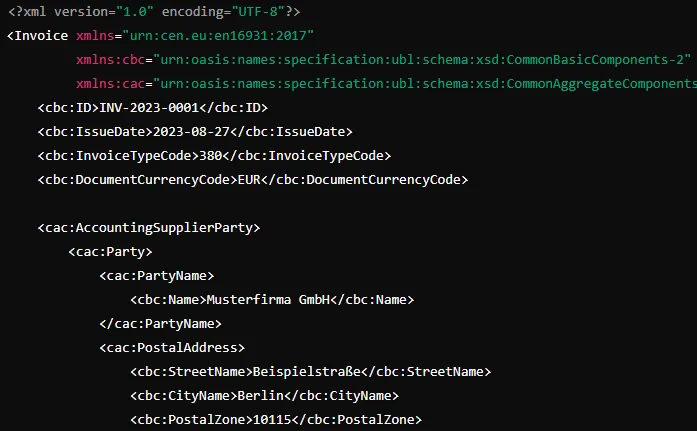 XML-Code einer E-Rechnung im UBL-Format mit Rechnungsnummer, Datum und Adressdaten