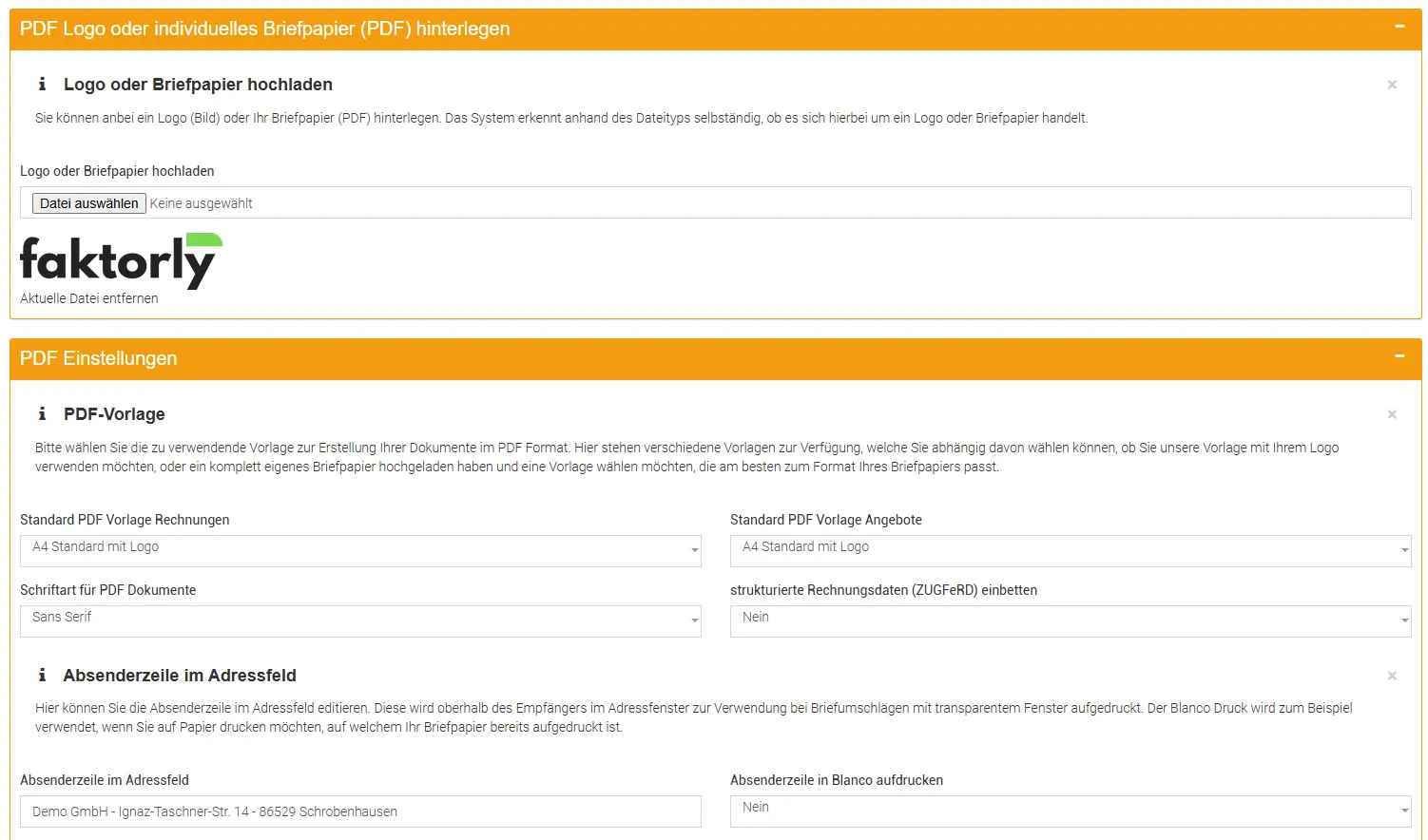 Einstellungen in faktorly zum Hochladen von Logo und Briefpapier sowie zur PDF-Vorlage