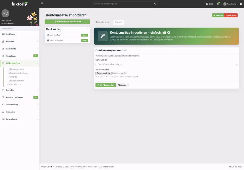 KI-Import in faktorly: Kontoauszug auswerten mit Kontoauswahl und Datei-Upload für PDF, CSV, MT940 oder CAMT