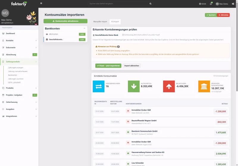 Prüfansicht in faktorly mit 16 erkannten Kontobewegungen, Gutschriften, Belastungen und erkanntem Endkontostand