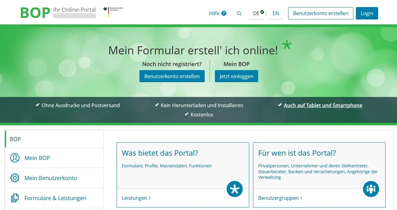 Registrierung für das One-Stop-Shop-Verfahren im BOP Portal des Bundeszentralamts für Steuern
