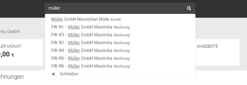 Quicksearch in faktorly mit Trefferliste zu Rechnungen, Kunden und Hilfeartikeln