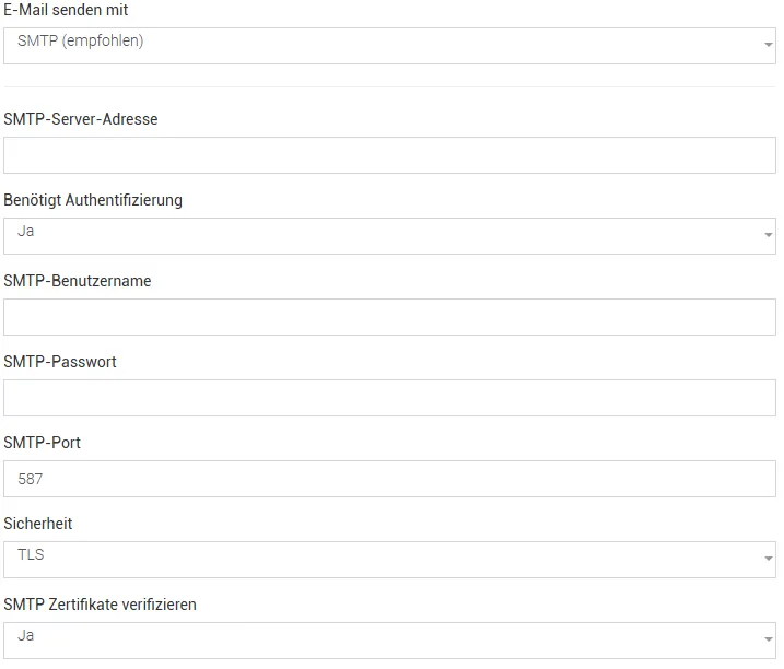 Eingabemaske für die SMTP-Zugangsdaten des eigenen Mailservers